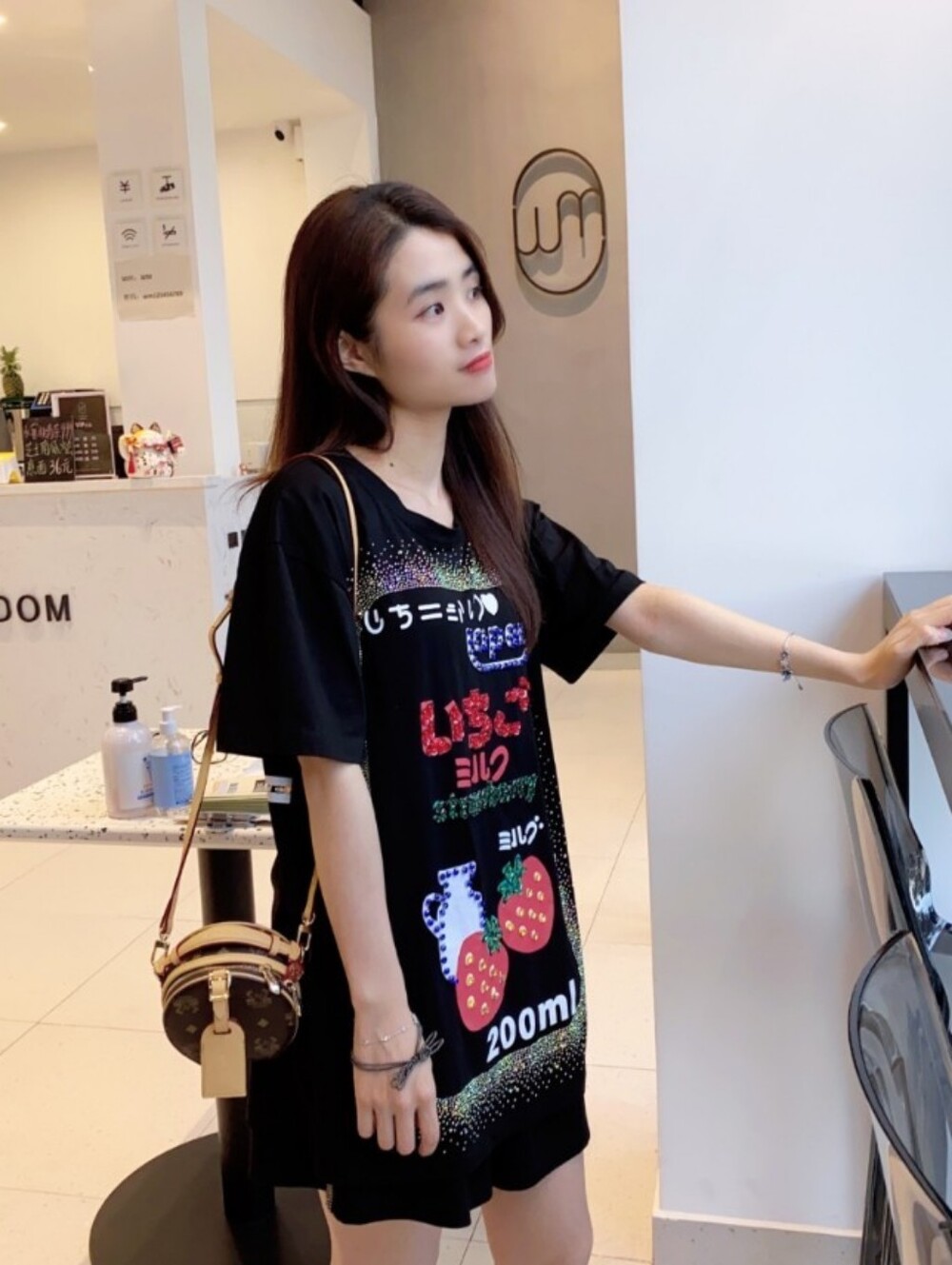 Y2K Harajuku Graphic Tee, Rhinestone Appliqué Black T